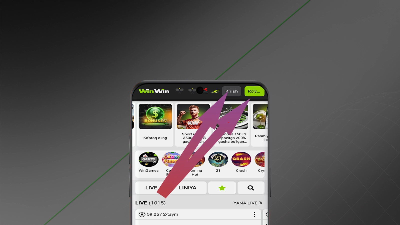 WinWin mobil ilovasida Kirish yoki Ro'yxatdan o'tish sahifasi